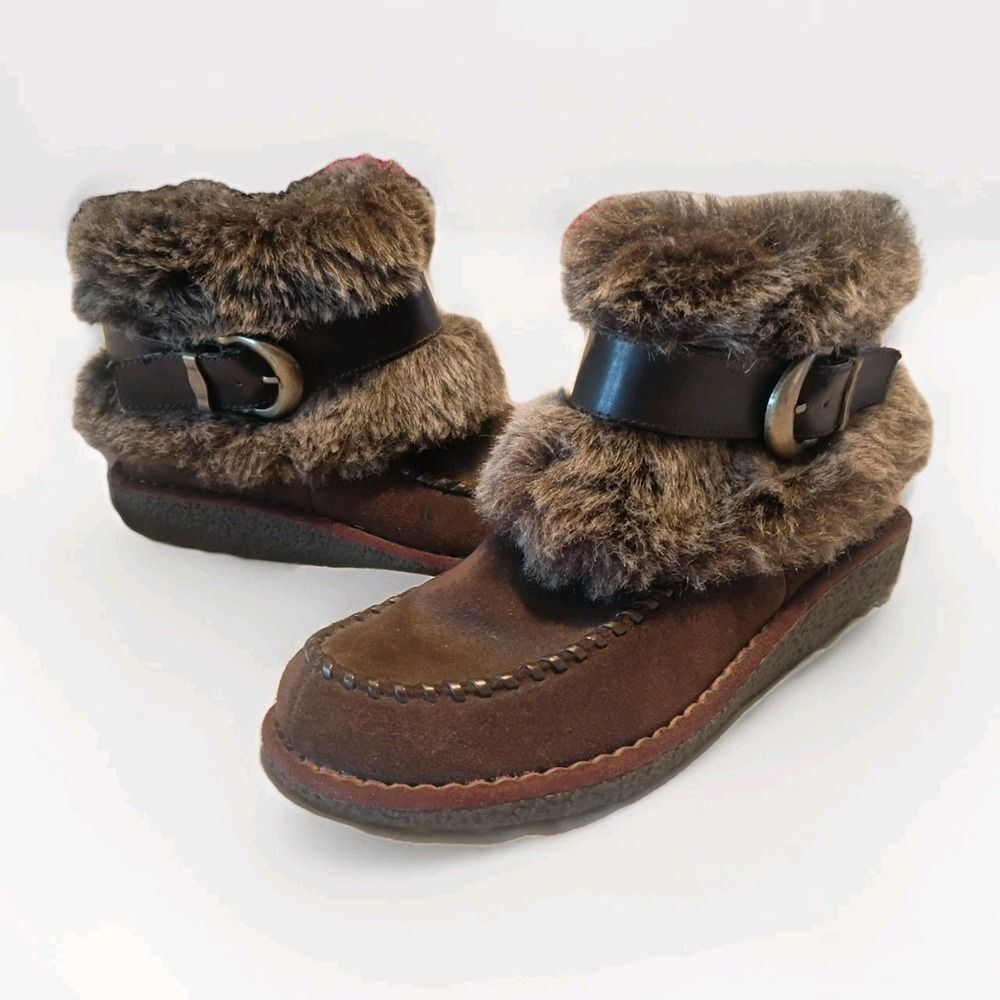 Bass Durango Brown Suede Booties Boots Furry Side Buckle Slip On Women's Size 6